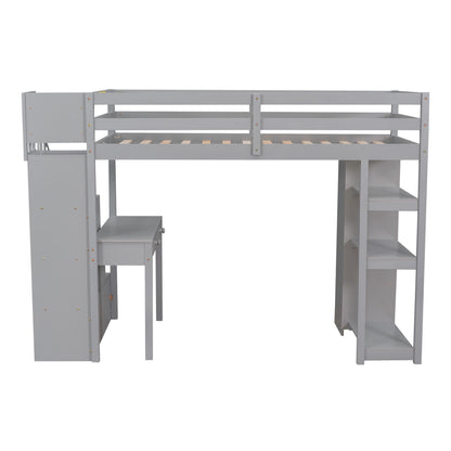 Twin Size Loft Bed With Storage Drawers, Desk And Stairs With Shelves - Gray