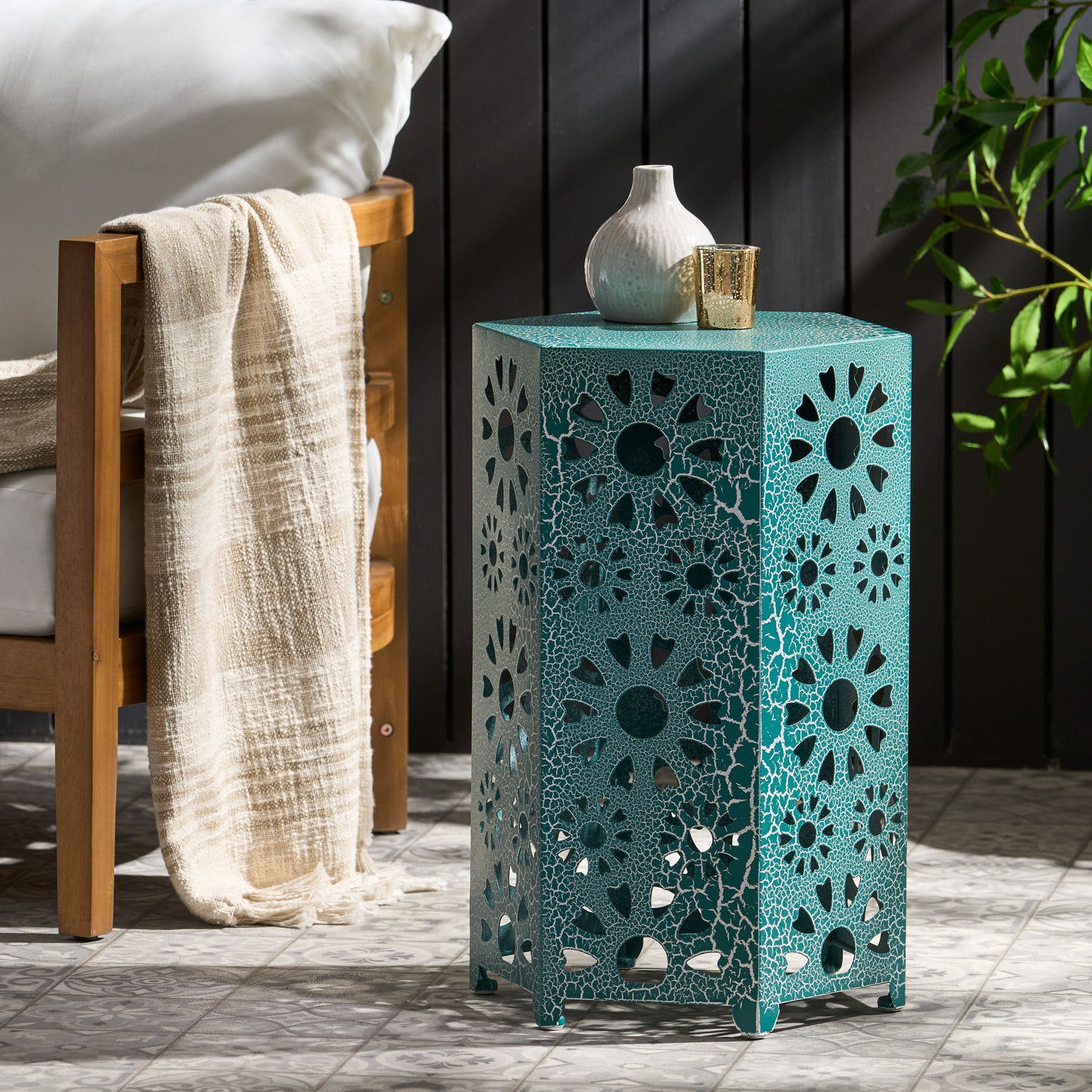Galore - Side Table With Sunburst Cut Out Design - Teal
