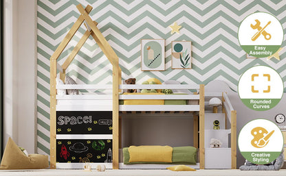 Twin Over Twin House Bunk Bed With White Storage Staircase And 2 Blackboards - White / Natural