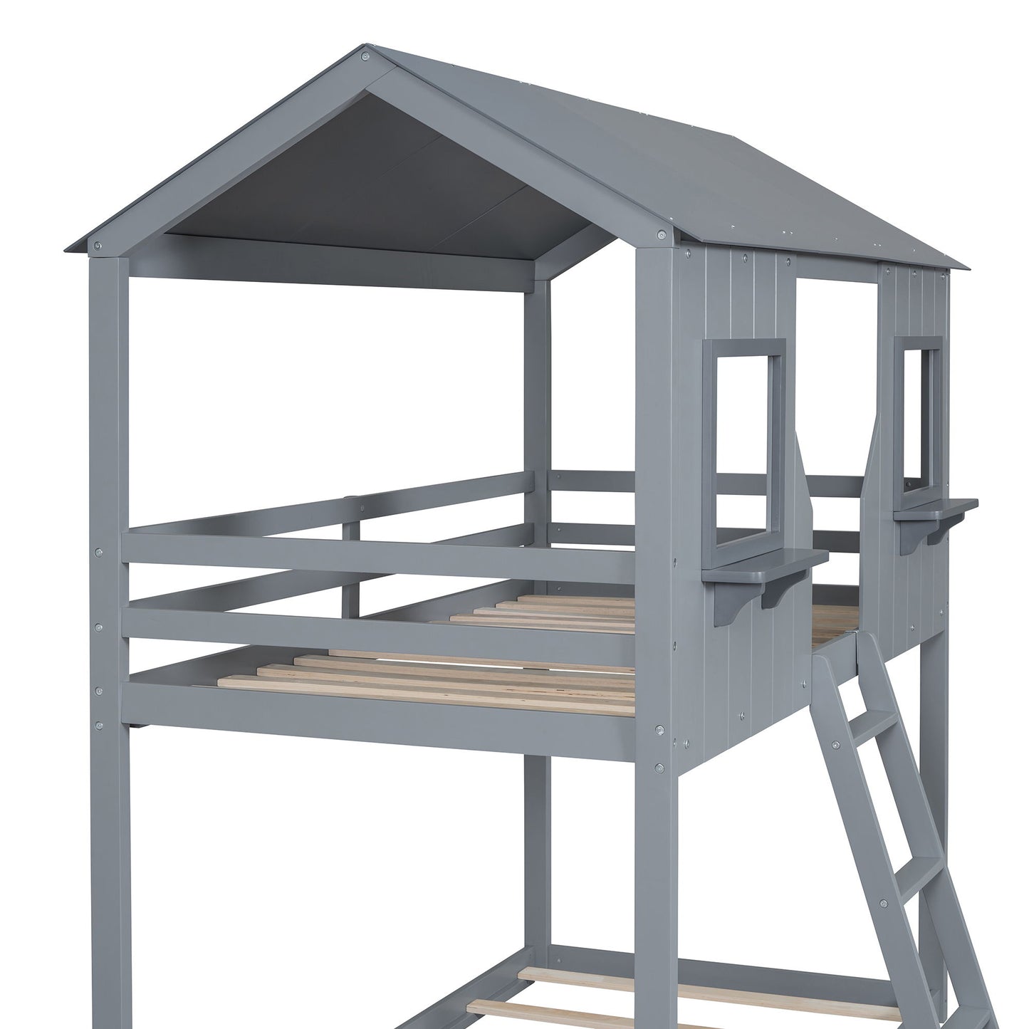Twin Over Twin Bunk Bed With Roof, Window, Guardrail, Ladder - Gray