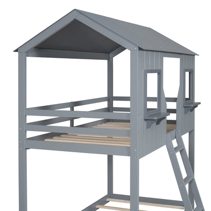 Twin Over Twin Bunk Bed With Roof, Window, Guardrail, Ladder - Gray