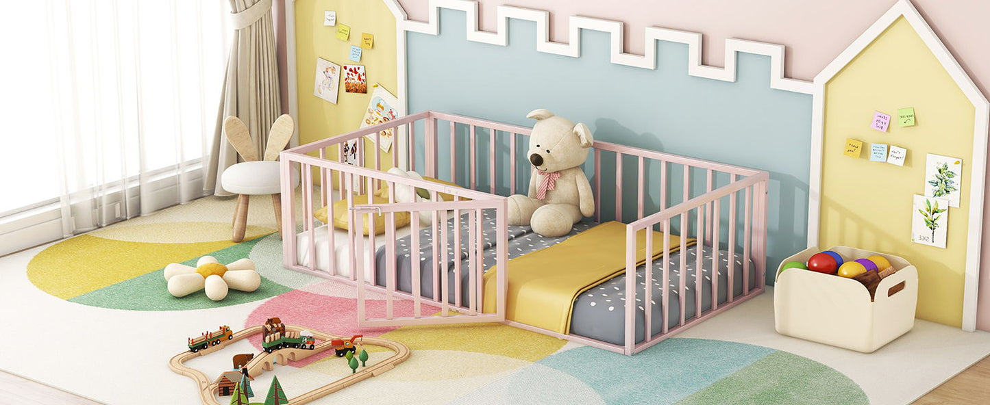 Twin Size Floor Bed Frame With Fence And Door - Pink