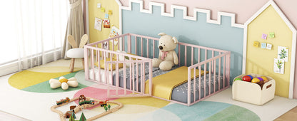 Twin Size Floor Bed Frame With Fence And Door - Pink