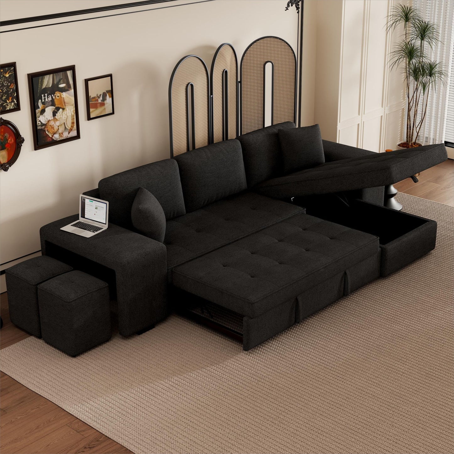 Modern L-Shape 3 Seat Reversible Sectional Couch, Pull Out Sleeper Sofa With Storage Chaise And 2 Stools For Living Room Furniture Set - Charcoal Gray