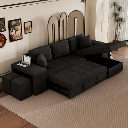 Modern L-Shape 3 Seat Reversible Sectional Couch, Pull Out Sleeper Sofa With Storage Chaise And 2 Stools For Living Room Furniture Set - Charcoal Gray