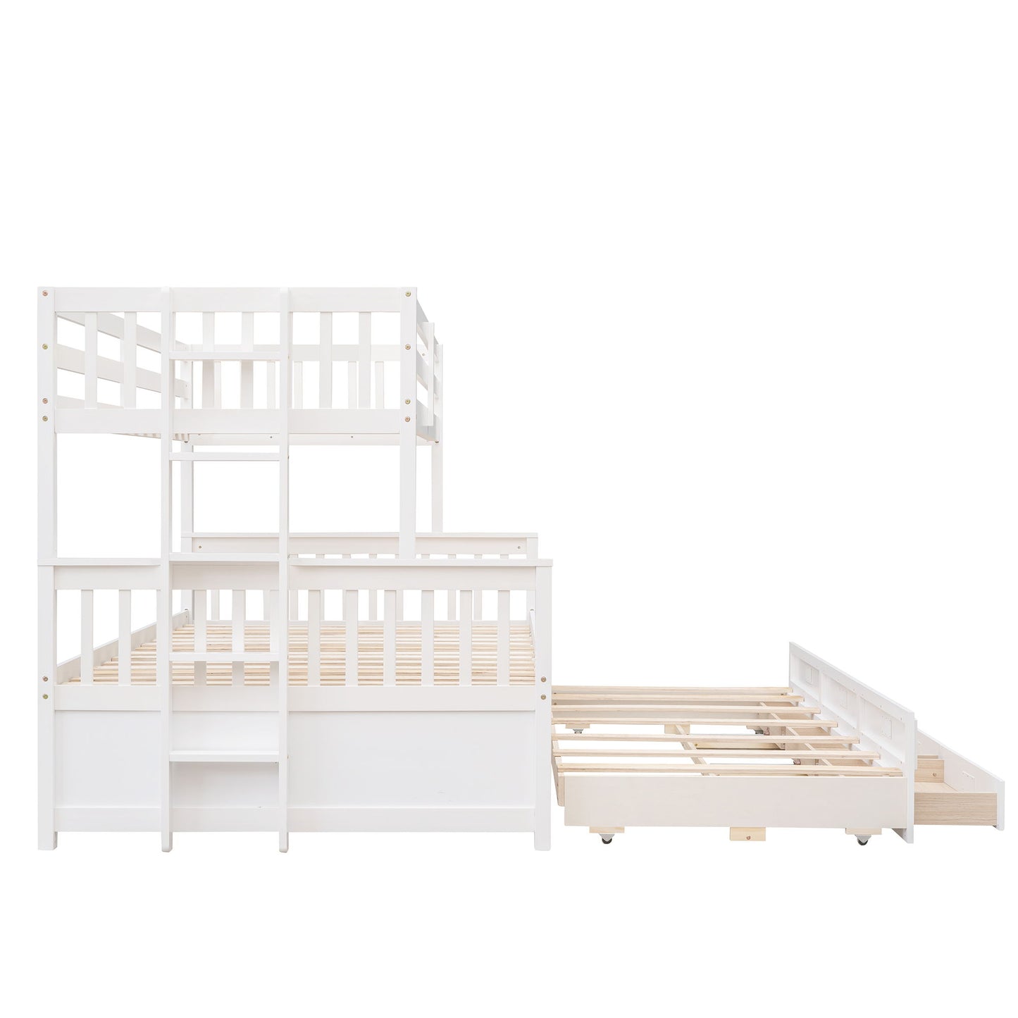 Twin Over Full Bunk Bed With Twin Size Trundle, With Drawers For Bedroom - White
