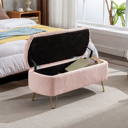 Storage Ottoman Bench For End Of Bed Gold Legs, Modern Gray Faux Fur Entryway Bench Upholstered Padded With Storage For Living Room Bedroom - Pink