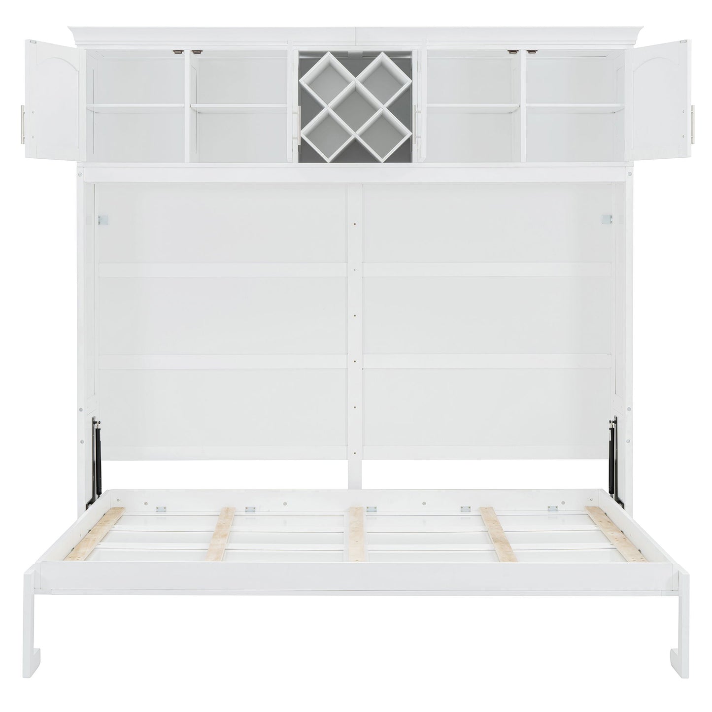 Queen Size Murphy Wall Bed With Top Cabinets & Wine Rack - White