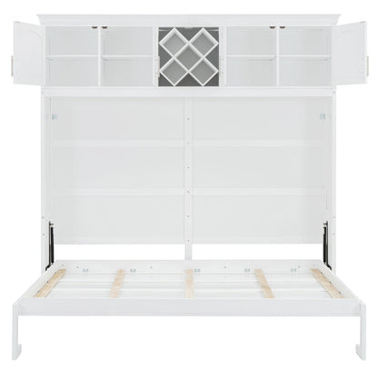 Queen Size Murphy Wall Bed With Top Cabinets & Wine Rack - White