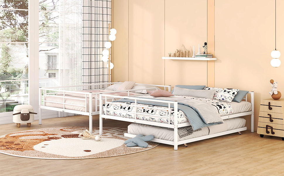 Full Long Over Queen Metal Bunk Bed With Trundle - White