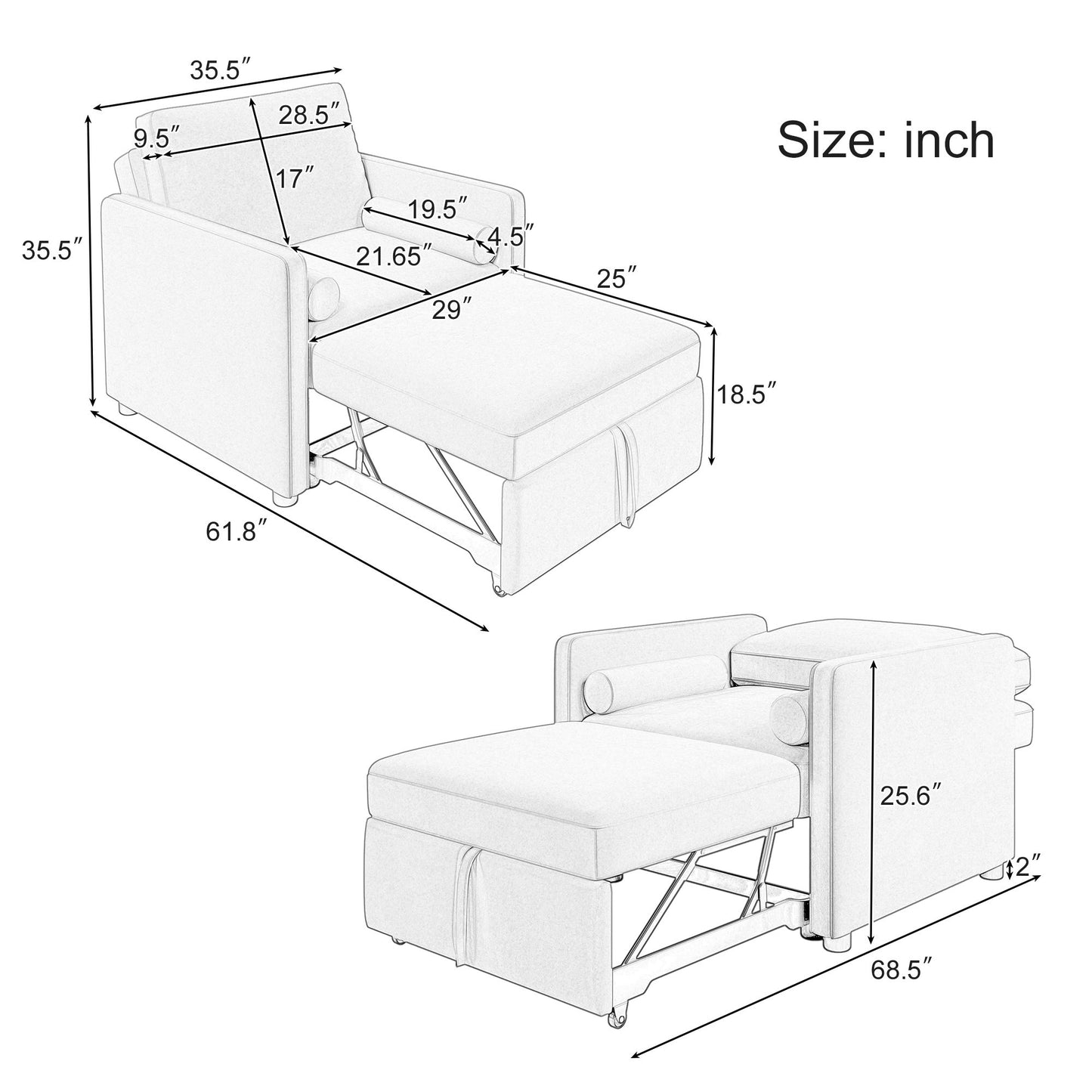 3 In 1 Convertible Sleeper Chair With Adjustable Backrest, Lounger Chair Turns Into Bed, Single Bed For Living Room, Linen - Tan