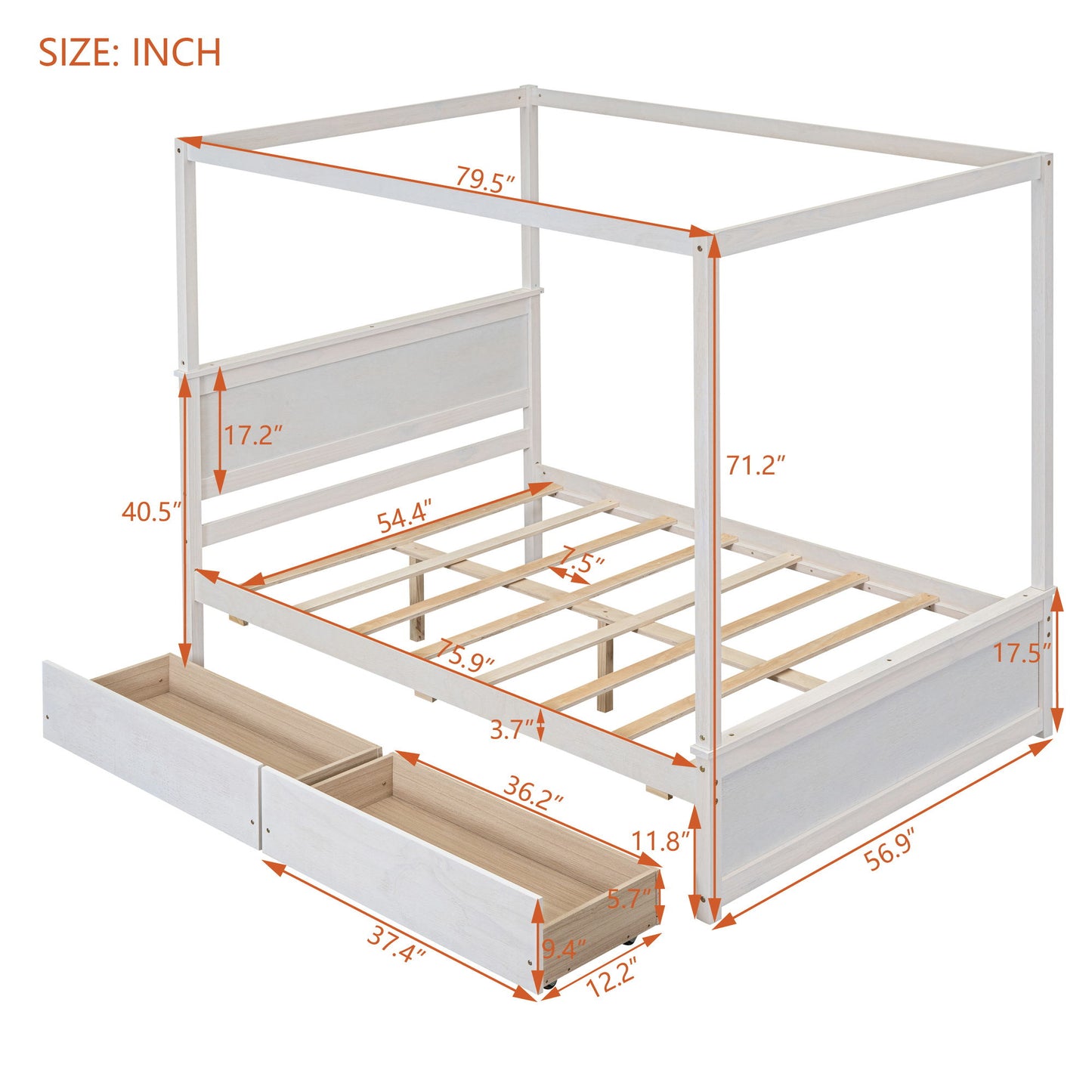 Full Size Canopy Platform Bed 2 Drawers With Support Slats, No Box Spring Needed - Brushed White