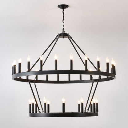 2 Tiers Wagon Wheel Chandelier Wooden Farmhouse 36 Light (24 / 12) Or (12 / 24) Metal Chandeliers 2 Story Light Fixtures Industrial For High Ceiling Living Dining Room Foyer, Adjustable Height - Black