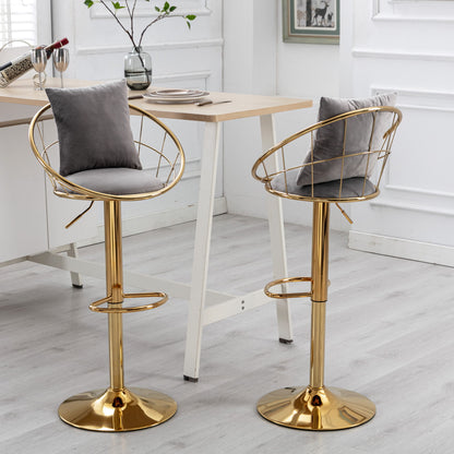 Velvet Bar Chair, Pure Gold Plated, Unique Design, 360 Degree Rotation, Adjustable Height, Suitable For Dining Room And Bar, (Set of 2) - Gray