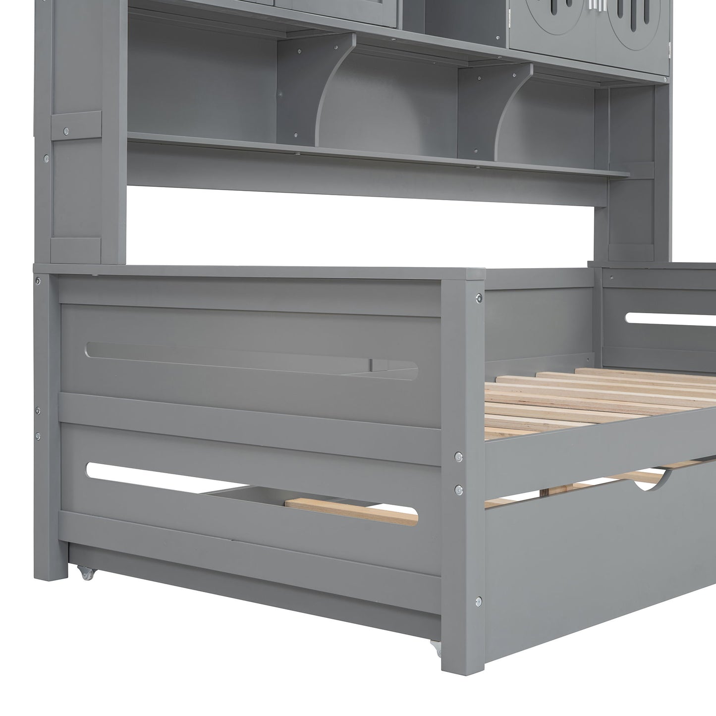 Twin Size Daybed With Twin Size Trundle, And All In One Cabinet And Shelf - Gray