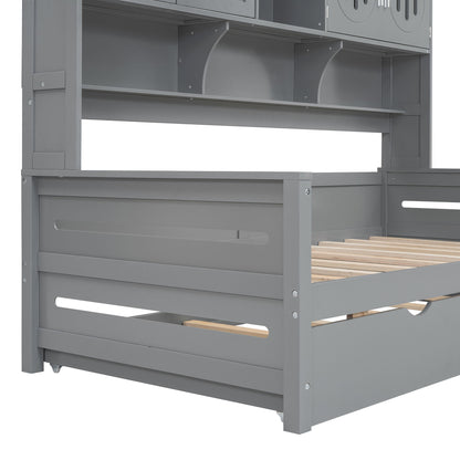 Twin Size Daybed With Twin Size Trundle, And All In One Cabinet And Shelf - Gray