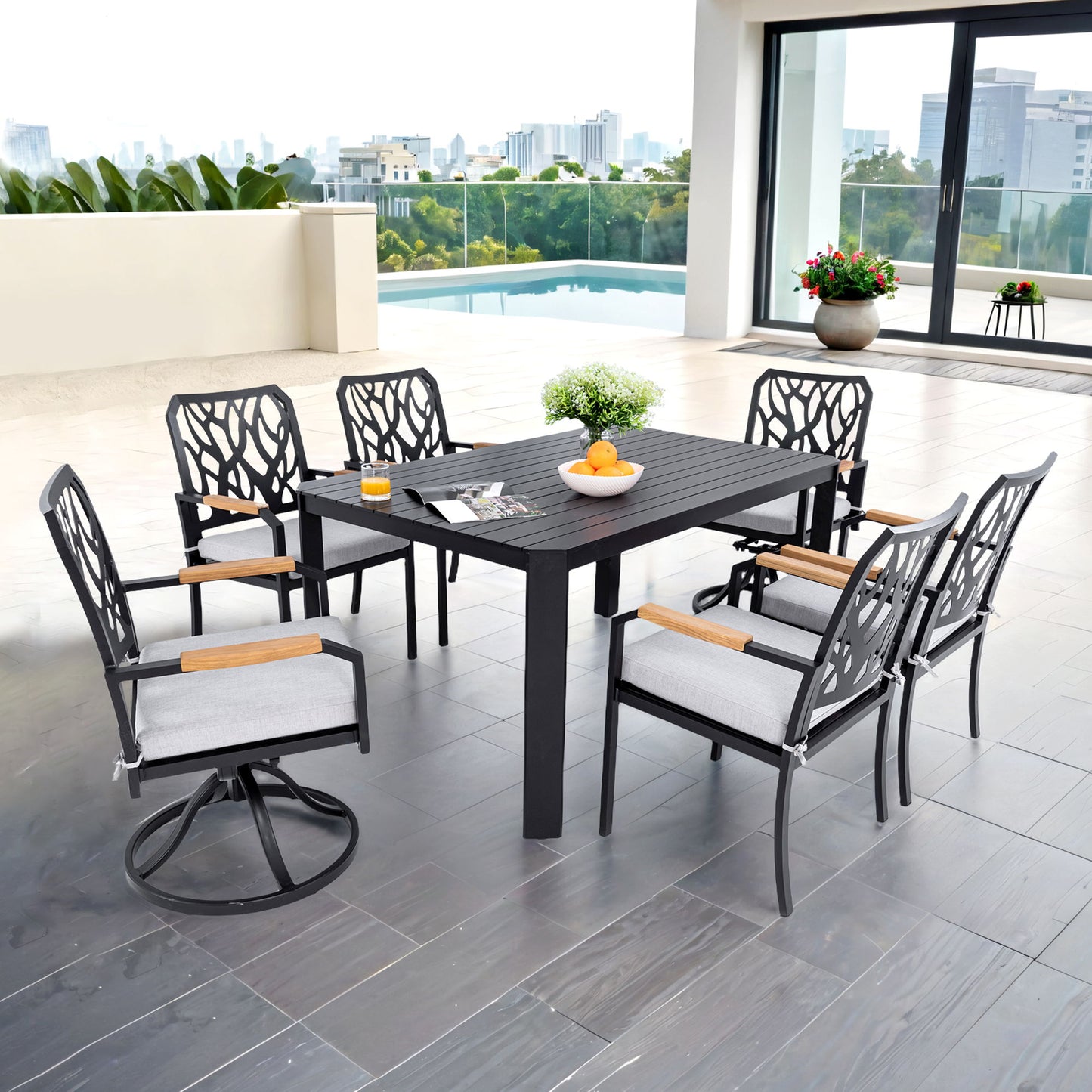 7 Pieces Outdoor Patio Furniture Set, 4 Dining Chairs & 2 Swivel Rockers Sunbrella Fabric, Rectangular Table With Umbrella Hole - Bourbon Brown