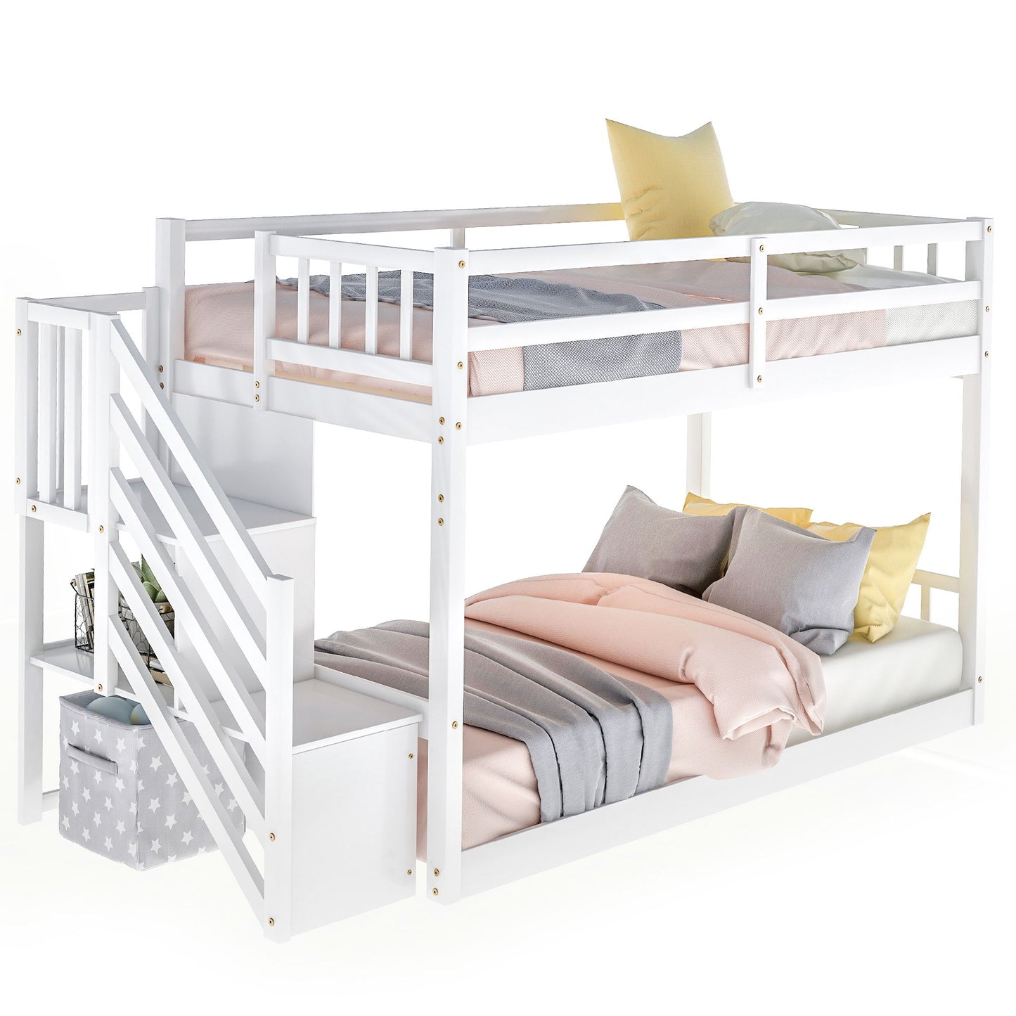 Twin Over Twin Floor Bunk Bed, Ladder With Storage - White