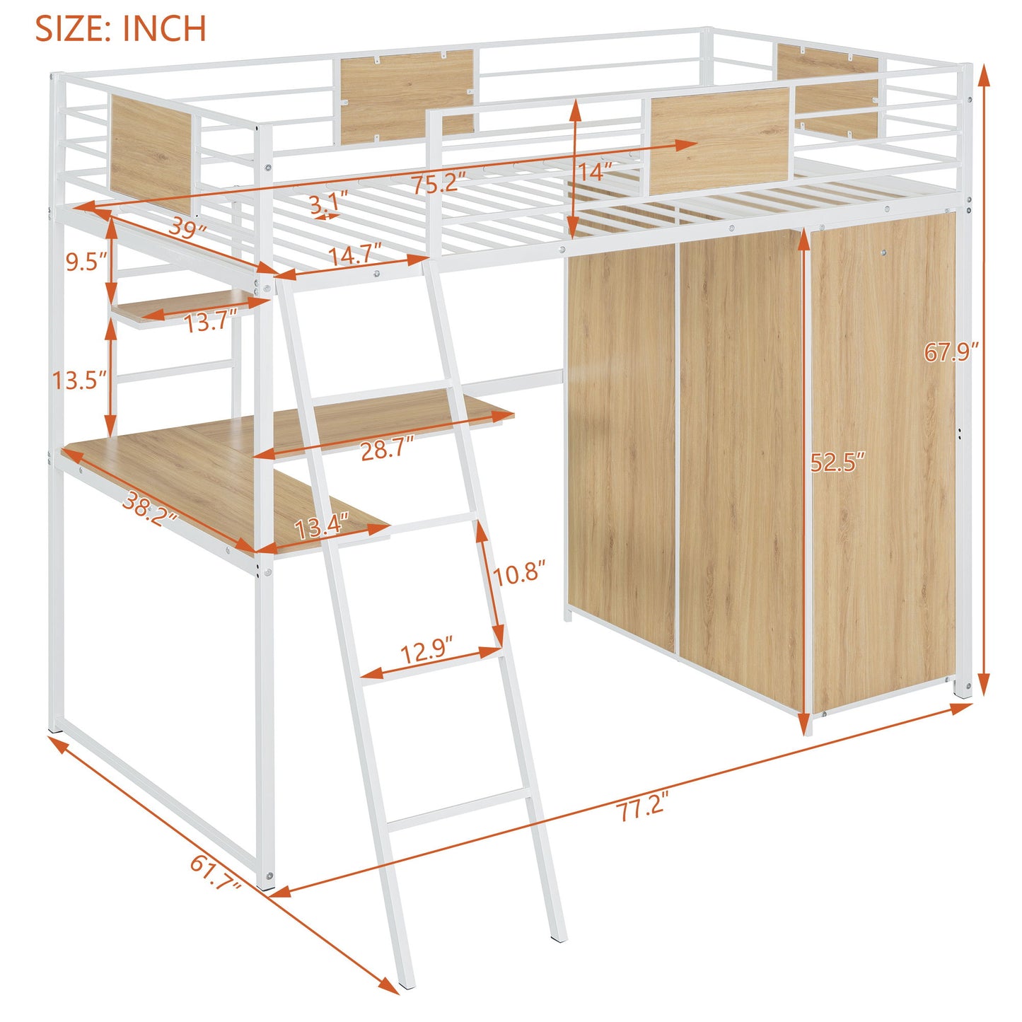 Twin Size Loft Bed With L Shape Desk And Wardrobe - White