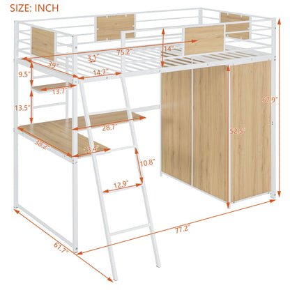 Twin Size Loft Bed With L Shape Desk And Wardrobe - White