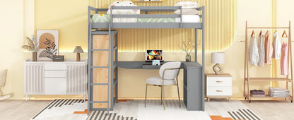 Full Size Loft Bed With Ladder, Shelves, And Desk - Gray