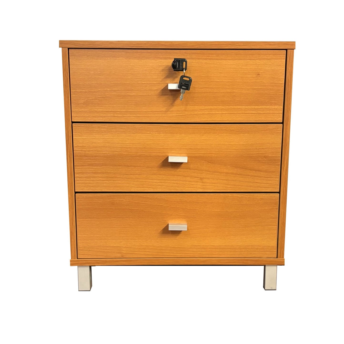 3 Drawer Nightstand Locking Top Drawer Metal Drawer Glides Metal Bar Handles - Light Cherry