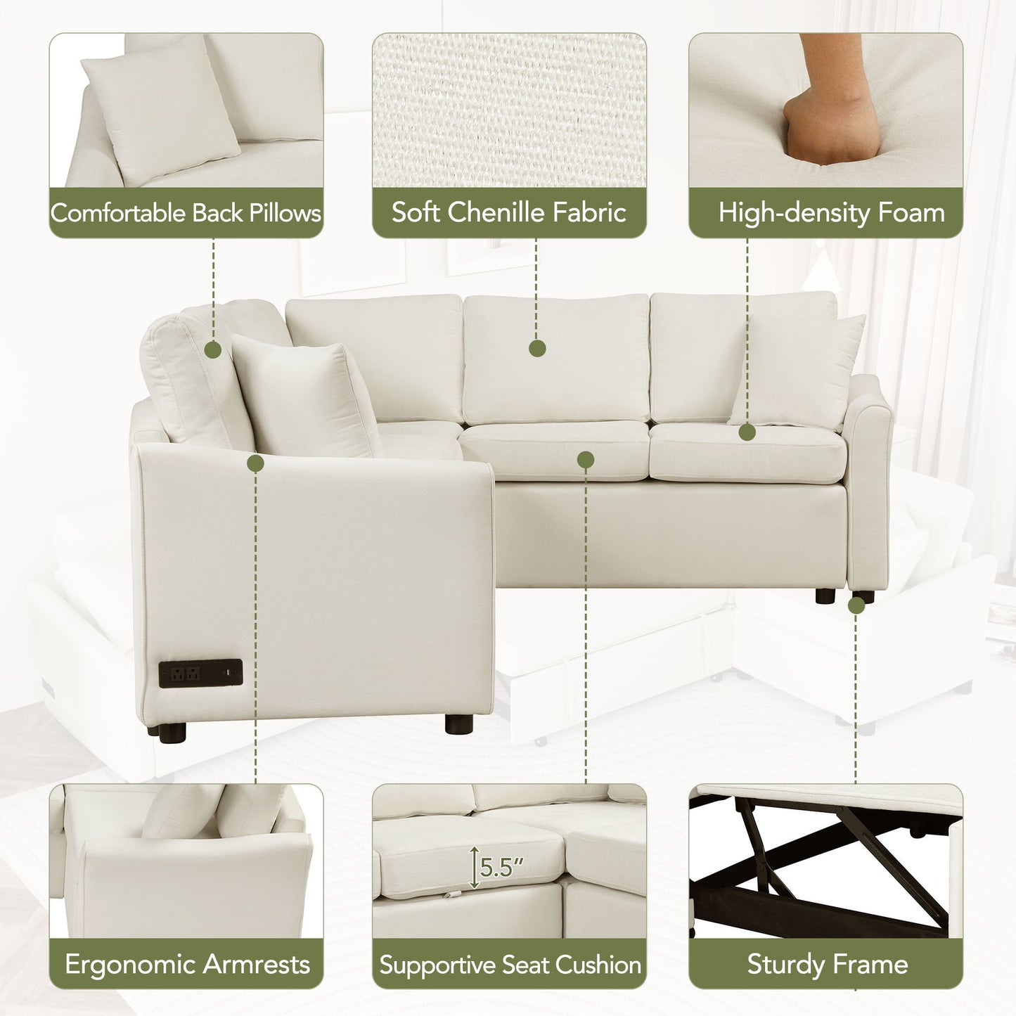 L-Shaped Sofa Convertible Sofa Bed Pull Out Sofa Sleeper With Two Back Pillows, Two USB Ports And Two Power Sockets For Living Room - Beige
