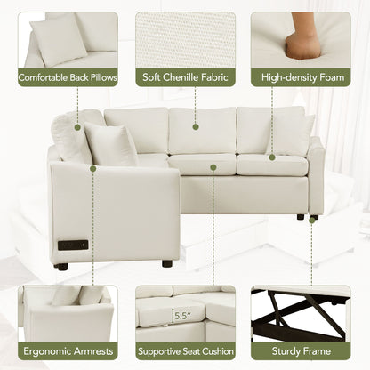 L-Shaped Sofa Convertible Sofa Bed Pull Out Sofa Sleeper With Two Back Pillows, Two USB Ports And Two Power Sockets For Living Room - Beige