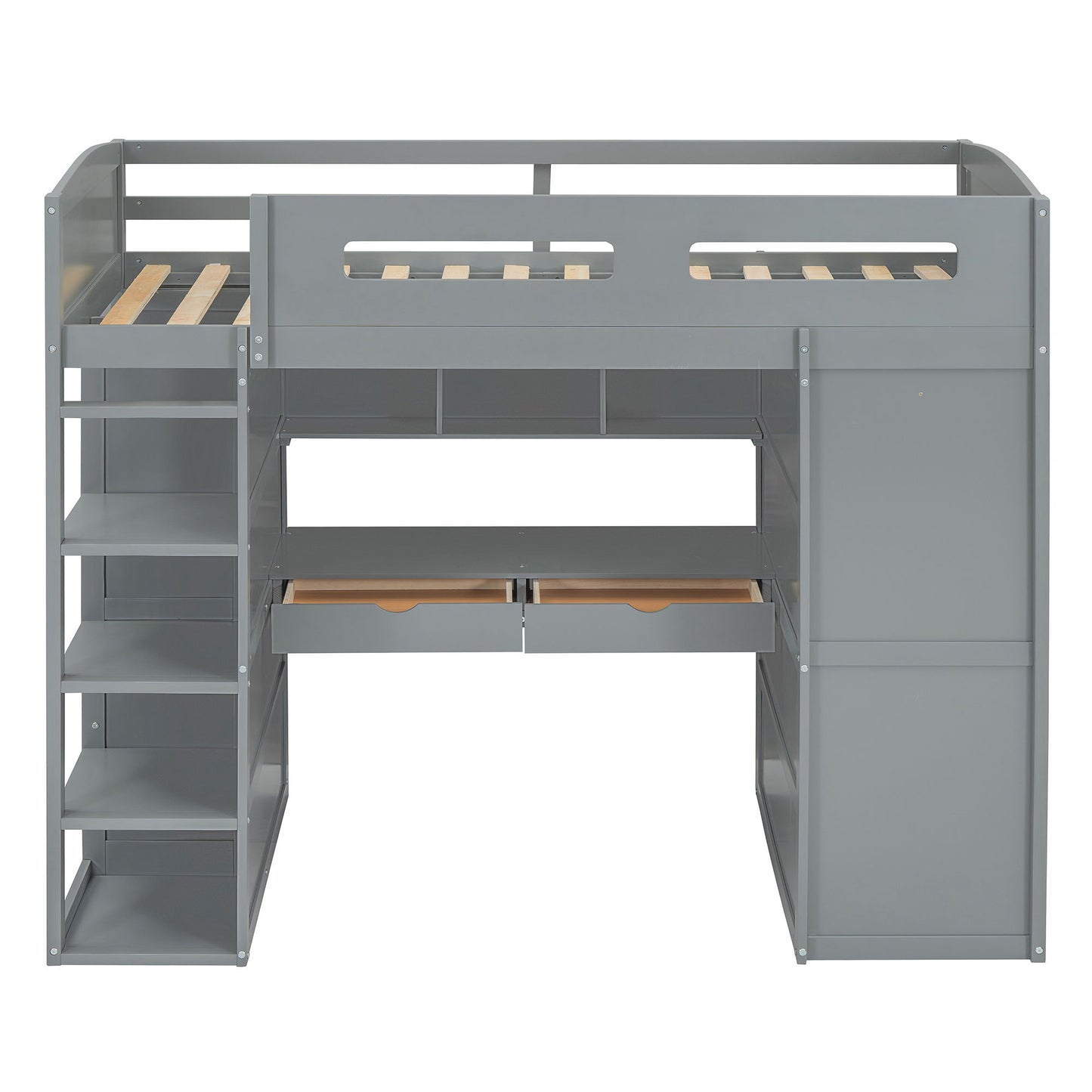 Twin Size Loft Bed With Desk, Wardrobes, 4 Drawers And 4 Shelves Construction - Gray