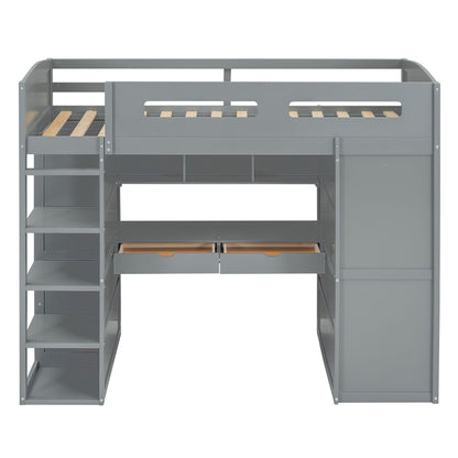 Twin Size Loft Bed With Desk, Wardrobes, 4 Drawers And 4 Shelves Construction - Gray