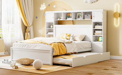 Queen Size Bed With All In One Cabinet, Shelf And Sockets, Twin Long Trundle - White