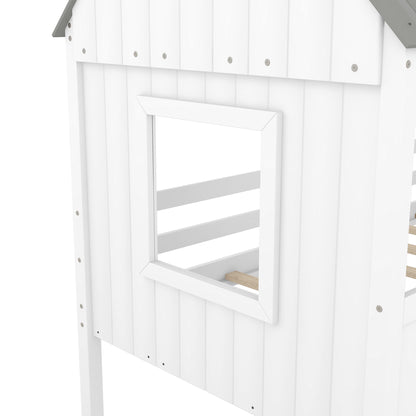 Twin Size Low Loft House Bed With Two Side Windows - White / Gray