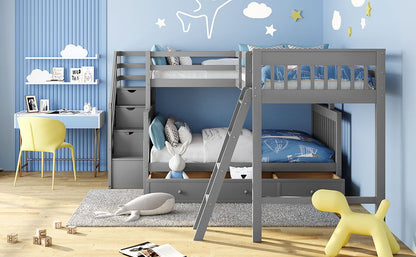 Twin Over Full L Shaped Bunk Bed & 3 Drawers, Ladder And Staircase - Gray
