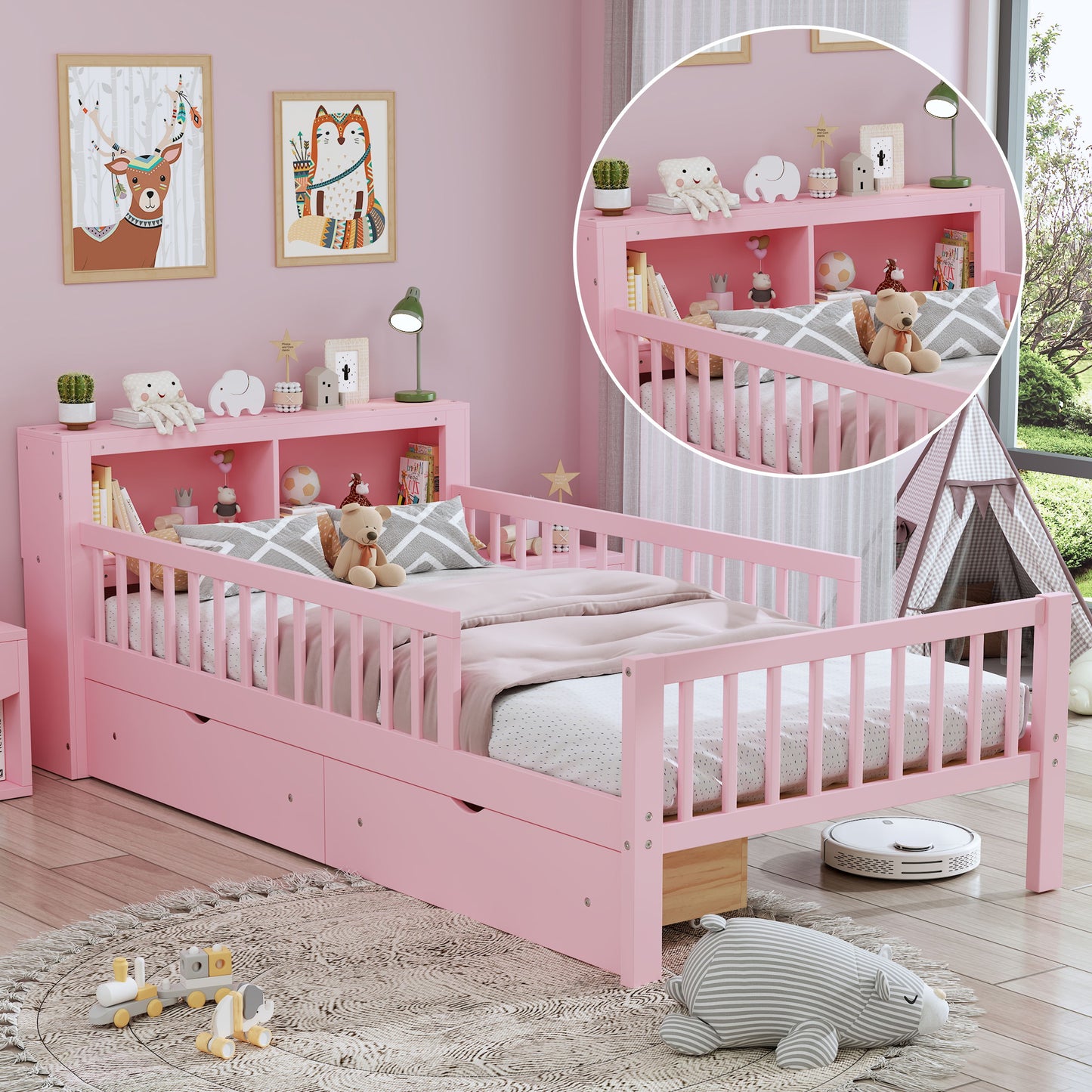 Twin Size Bed With Headboard Storage Rack, 2 Under Bed Drawers, 3 - Side Guardrails For Safety And Security - Pink