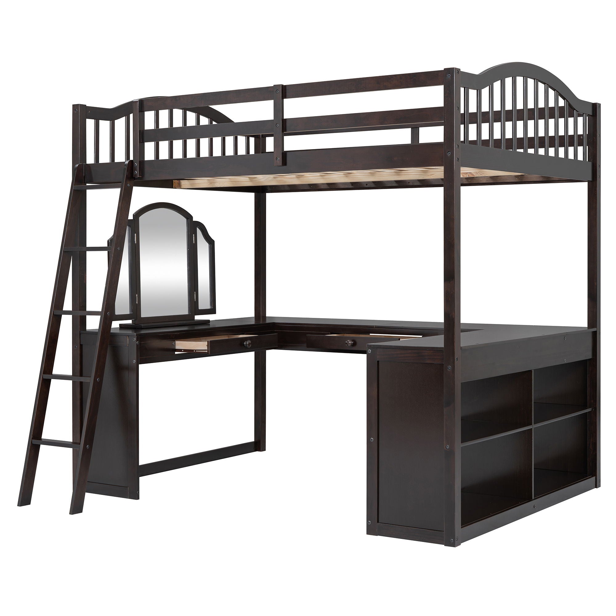 Full Loft Bed With U Shaped Desk, Storage Compartments And Tri Fold Mirror - Espresso