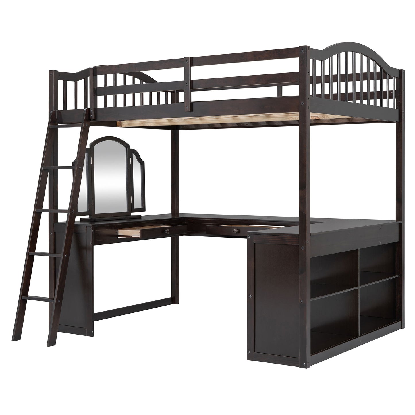 Full Loft Bed With U Shaped Desk, Storage Compartments And Tri Fold Mirror - Espresso