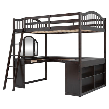 Full Loft Bed With U Shaped Desk, Storage Compartments And Tri Fold Mirror - Espresso
