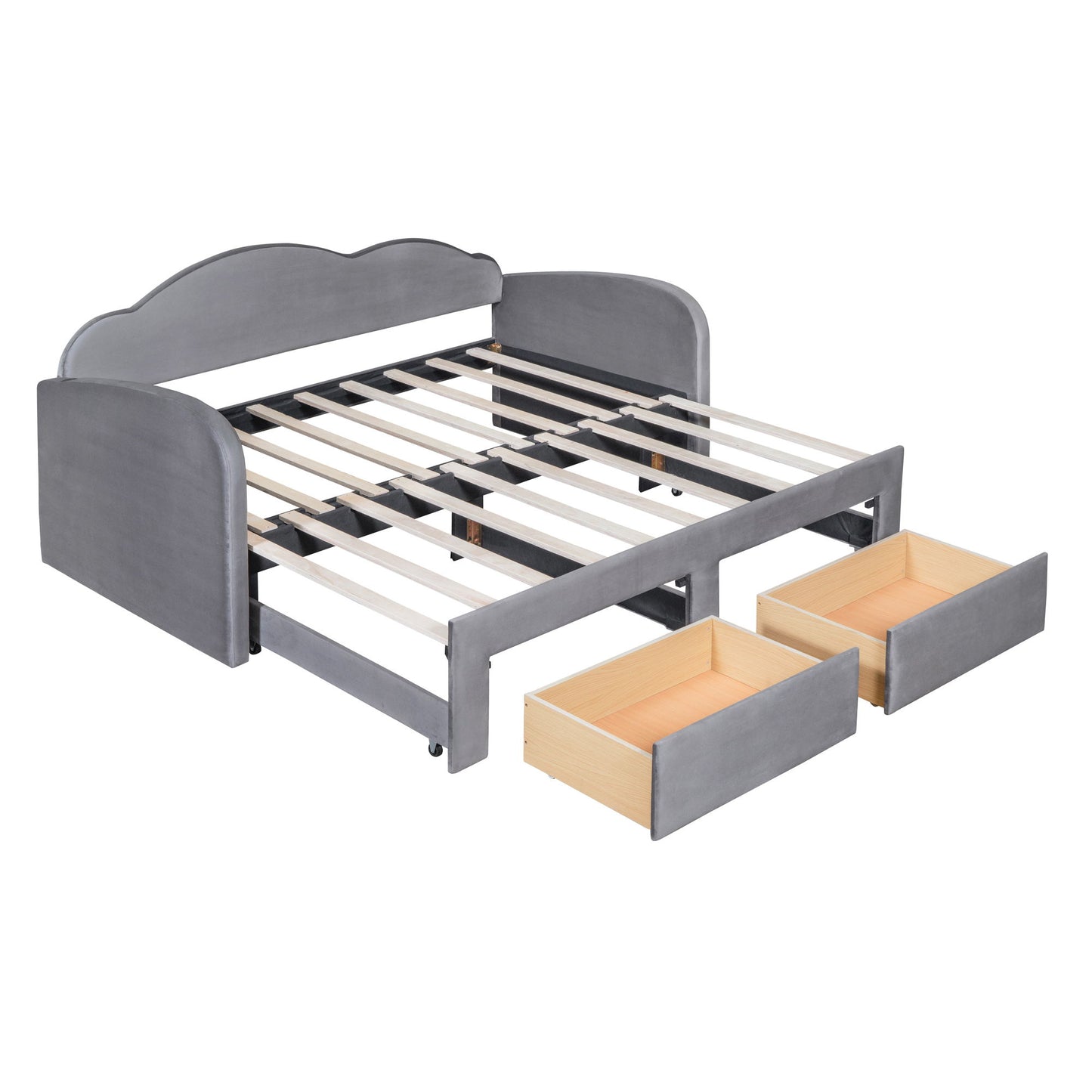 Twin Size Upholstered Daybed With Cloud-Shaped Backrest, Trundle & 2 Drawers And USB Ports - Gray