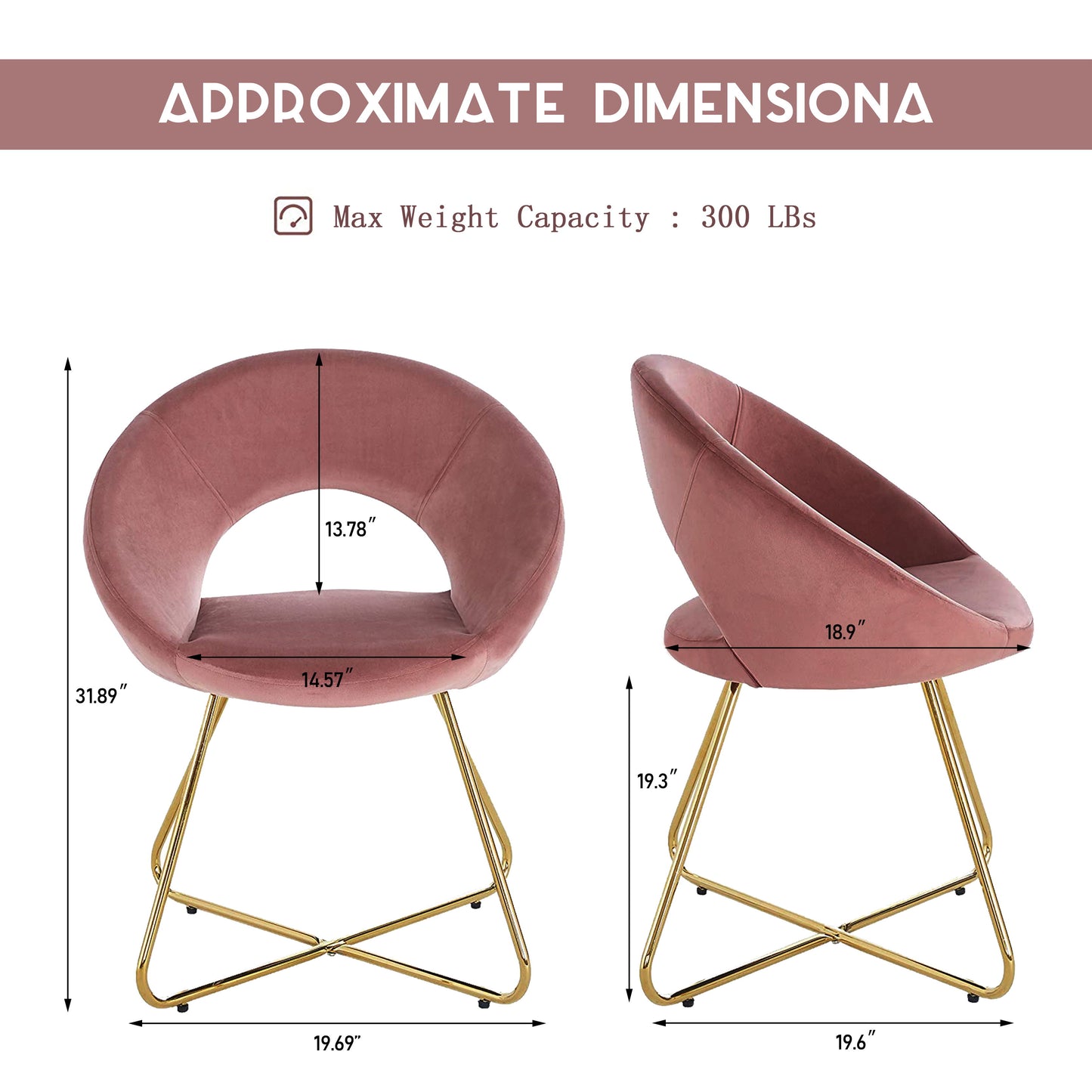 Modern Accent Velvet Chair, (Set of 2) Comfy Upholstered Arm Chair Living Room Furniture Mid-Century Leisure Chair With Metal Frame Legs - Pink