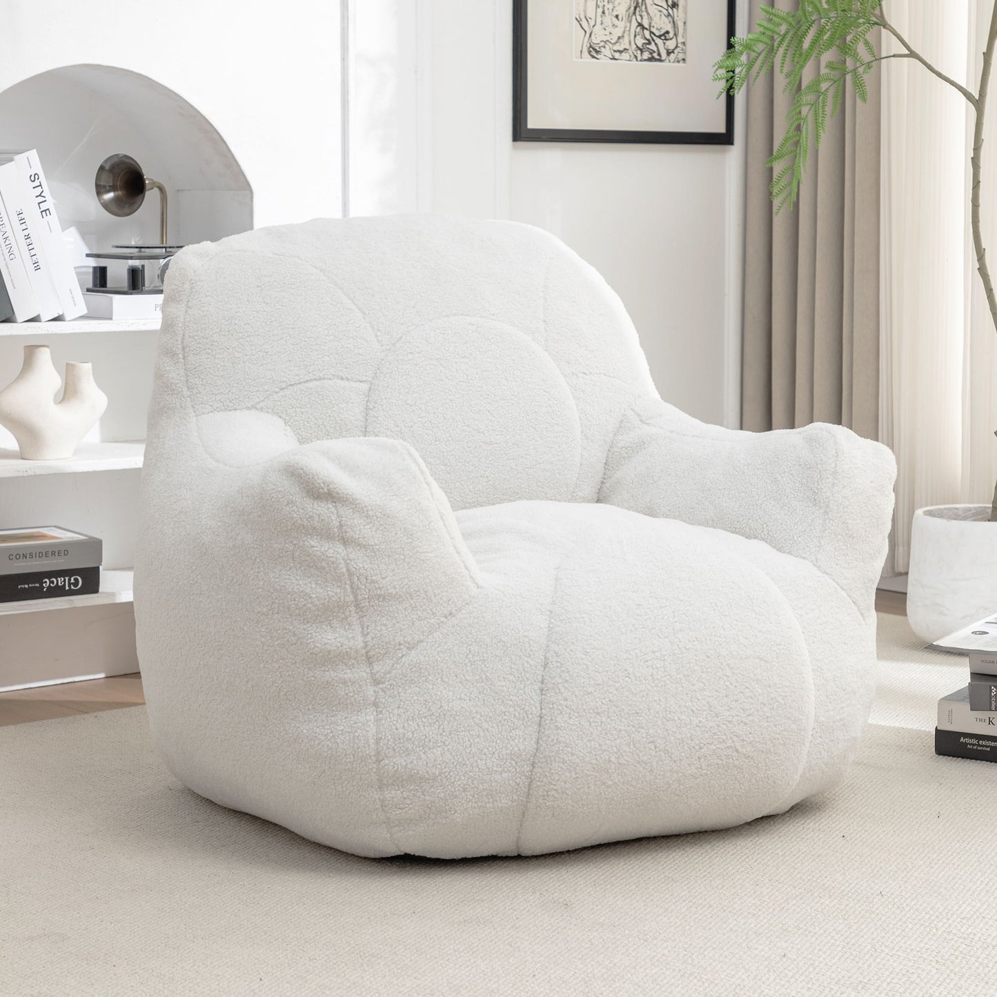 Comfy Bean Bag Chair With Filler, Tufted Memory Foam Sofa Teddy Fabric, Fluffy And Cozy Seating For Dorm, Apartment, Or Living Room - White