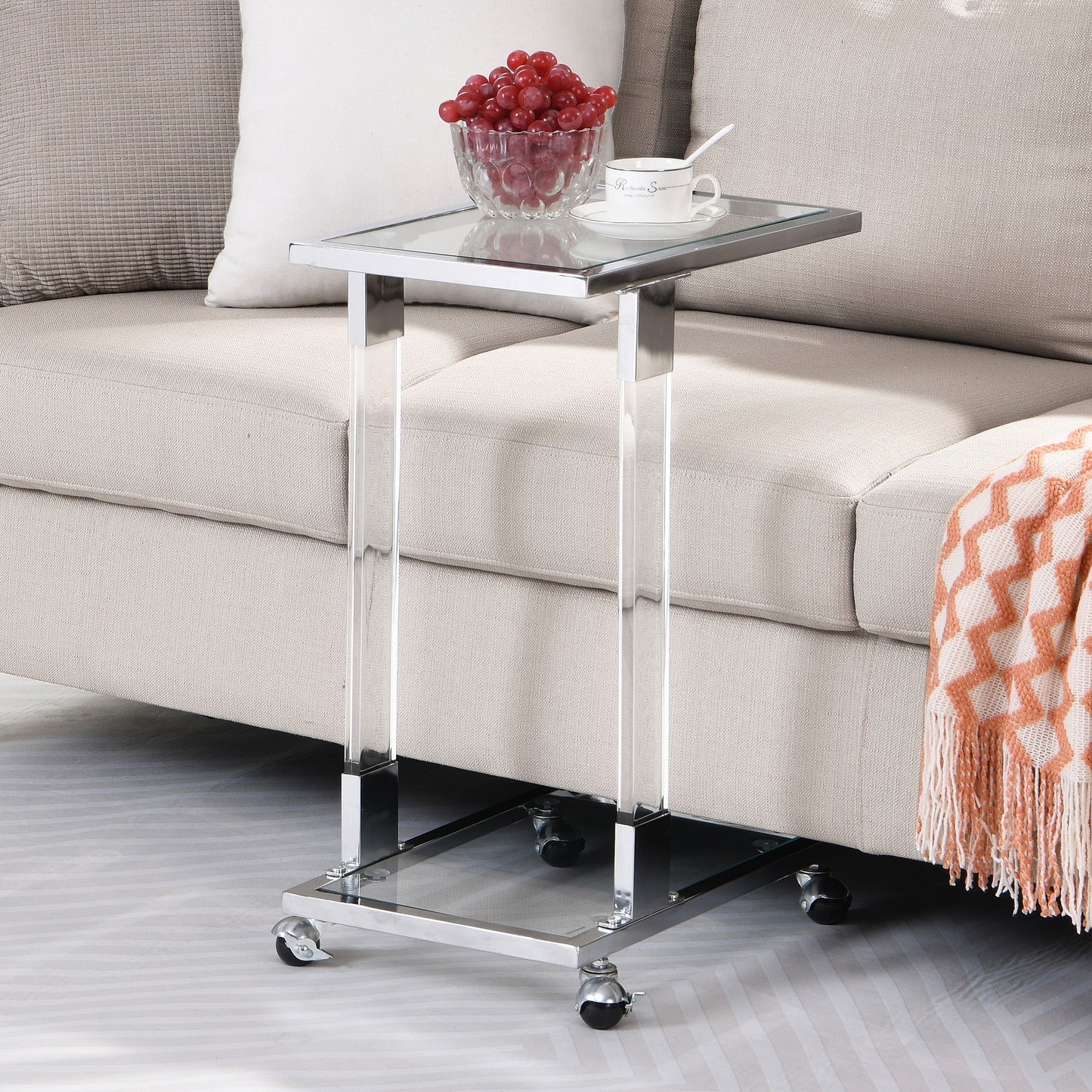 Glass Side Table, Acrylic End Table, Glass Top C Shape Square Table With Metal Base For Living Room, Bedroom, Balcony Home And Office - Chrome