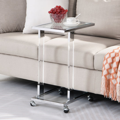 Glass Side Table, Acrylic End Table, Glass Top C Shape Square Table With Metal Base For Living Room, Bedroom, Balcony Home And Office - Chrome