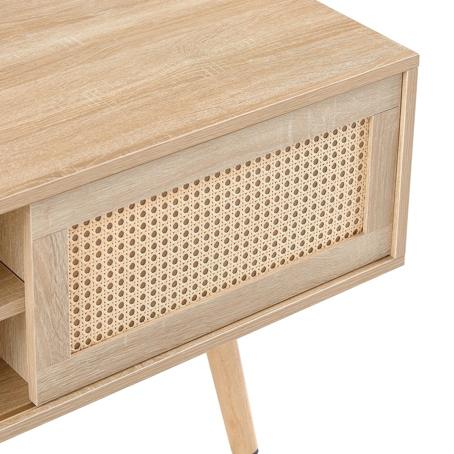 55.12" Rattan TV Cabinet, Double Sliding Doors For Storage, Adjustable Shelf, Solid Wood Legs, TV Console For Living Room - Natural