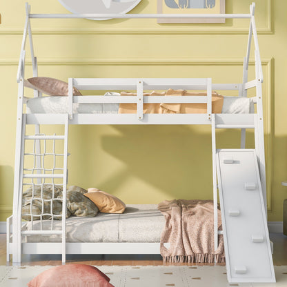 Twin Over Queen House Bunk Bed With Climbing Nets And Climbing Ramp - White