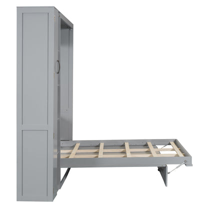 Full Size Murphy Wall Bed With Shelves, Wardrobe And LED Lights - Gray