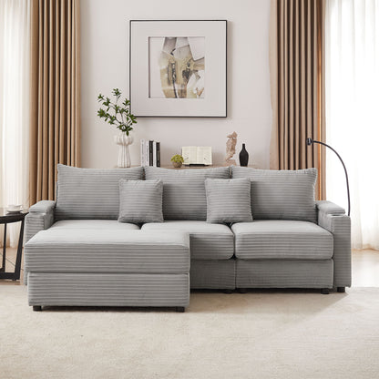 Modern Style 3 - Seater Sofa Sectional Sofa Couch With Storage Space, A Movable Ottoman, Two USB Ports, Two Cup Holders, A Phone Holder For Living Room - Gray