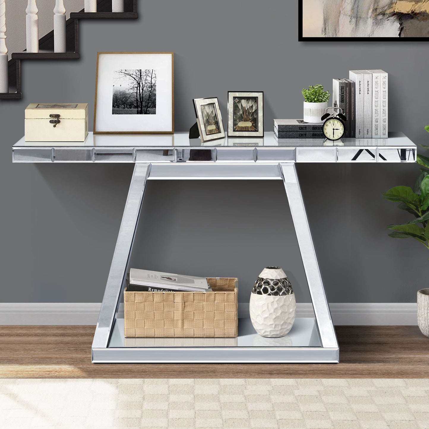 Modern Luxe Full Body Mirror Entryway Table With Trapezoid Base, 360ÔøΩÔøΩÔøΩÔøΩÔøΩÔøΩÔøΩÔøΩÔøΩÔøΩÔøΩÔøΩÔøΩÔøΩÔøΩÔøΩÔøΩÔøΩÔøΩÔøΩÔøΩÔøΩÔøΩÔøΩÔøΩÔøΩÔøΩÔøΩÔøΩÔøΩÔøΩÔøΩÔøΩ Reflective Console, Scratch Resistant, Open Storage - Silver