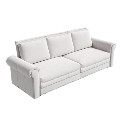 King Pull Out Sofa Bed, Chesterfield Sofa, 3 In 1 Velvet Convertible Sleeper Sofa With Nailhead Trim & Rolled Arm, Multifunctional Sofa Bed For Living Room - Beige