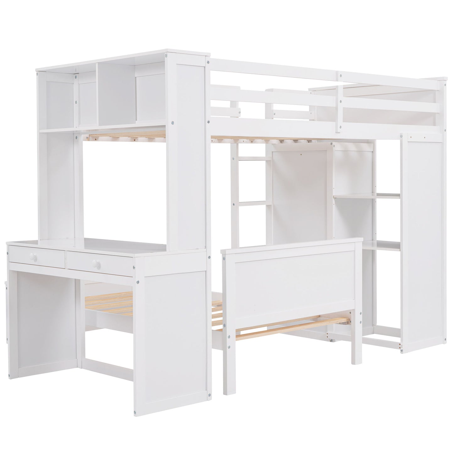 Twin Size Loft Bed With A Stand Alone Bed, Shelves, Desk, And Wardrobe - White