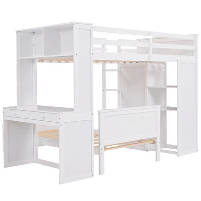 Twin Size Loft Bed With A Stand Alone Bed, Shelves, Desk, And Wardrobe - White